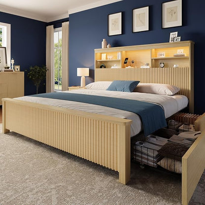 Queen Size Bed Frame and Tall Headboard & Storage, Metal Platform Bed Frame with 4 Storage Drawers, Queen Bed Frame with LED Lights & Charging Ports, No Box Spring Needed, Noise-Free, Natural