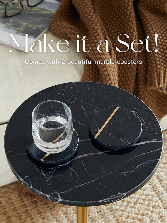 Adjustable-Height Marble Drink Table - 12x12x22-30, Black Marble & Antique Brass, Modern Round End Table, Side Table with Pedestal Stand for Small Spaces, Vintage Metal Martini Cocktail Accent