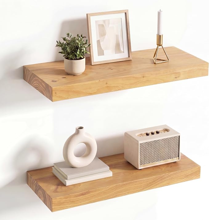Venusmiles Elm Floating Shelves for Wall Decor, Rustic Solid Wood Shevles Wall Mounted with Invisible Bracket for Living Room Bathroom Bedroom Kitchen, 20 Inch Set of 2, Natural
