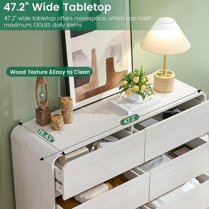Standifurno White 6 Drawer Dresser for Bedroom, 47" Wide Dresser with Large Storage, Wooden Chest of Drawers for Bedroom, Hallway.