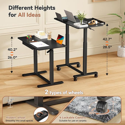 Mobile Standing Desk, 35inch Small Rolling Table with Drawer, Height Adjustable Sit Stand Workstation, Black Portable Laptop Cart with Hidden Wheels or Lockable Casters