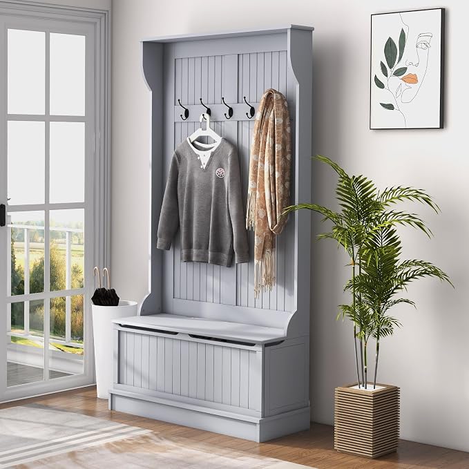 HOMCOM Hall Tree With Bench and Shoe Storage 3-In-1 Entryway Bench Gray | Coat Rack, 5 Hooks, Flip Top Storage Compartment