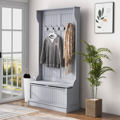 HOMCOM Hall Tree With Bench and Shoe Storage 3-In-1 Entryway Bench Gray | Coat Rack, 5 Hooks, Flip Top Storage Compartment