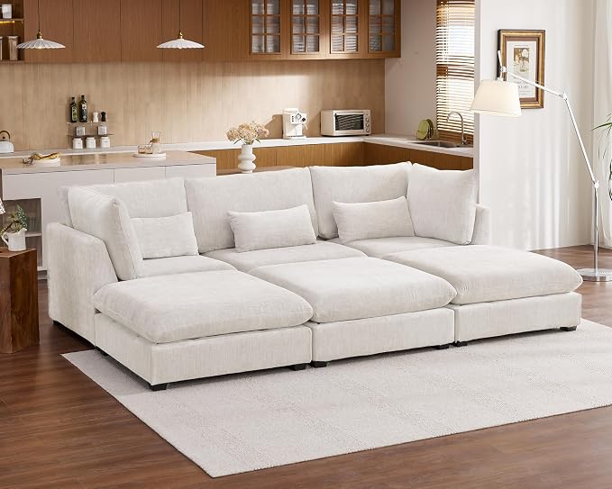 115" Oversized Chenille Couch Modular Sectional Sofa, Washable Cloud Couch Sectional with 3 Ottoman, 6 Seater Sectional Couches for Living Room, Fully Cover Removable, Sleeper Sofa, Chenille, White