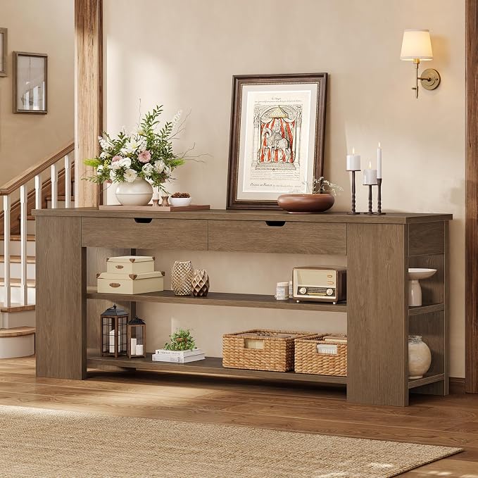 71.8 Inch Extra Long Console Table with Drawers, Farmhouse Long Console Table with Shelves & Built-in Outlets, Entryway Table with Storage for Living Room, Entryway, Hallway, Brown