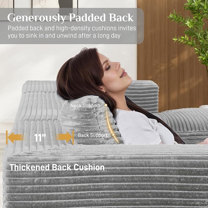 131" Oversized U Shaped Cloud Sectional Couches for Living Room, Comfy Fluffy Corduroy Grey Boneless Sectionals Couch, Plush Memory Foam Modular Sectional Sofa with Chaise- 19" Seat Height