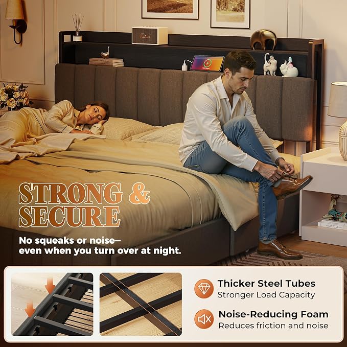 PRAISUN Bed Frame King Size with Upholstered Headboard & Charging Station, King Bed Frame with 4 Storage Drawers, 2-Tier Open Shelves, No Box Spring Needed, Slient Foam Strip, Easy Assembly, Grey