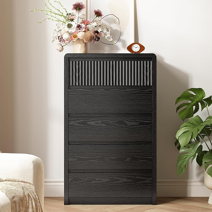 LYNSOM 5 Drawer Dresser for Bedroom, 48" Tall Fluted Dresser with Curved Corners, Wood Dressers & Chests of Drawers with Dual-Panel Design for Bedroom, Entryway, Black