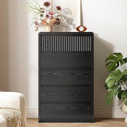 LYNSOM 5 Drawer Dresser for Bedroom, 48" Tall Fluted Dresser with Curved Corners, Wood Dressers & Chests of Drawers with Dual-Panel Design for Bedroom, Entryway, Black