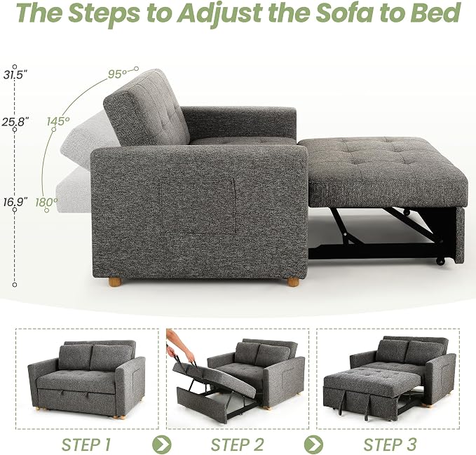 SEJOV Sleeper Sofa Bed, 3-in-1 Convertible Sofa Chair, Linen Fabric Pull Out Couch Bed, Loveseat Sleeper with Spring Support, Adjustable Backrest, 2 Seater Recliner Chair for Small Space, Dark Grey