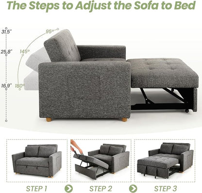 SEJOV Sleeper Sofa Bed, 3-in-1 Convertible Sofa Chair, Linen Fabric Pull Out Couch Bed, Loveseat Sleeper with Spring Support, Adjustable Backrest, 2 Seater Recliner Chair for Small Space, Dark Grey