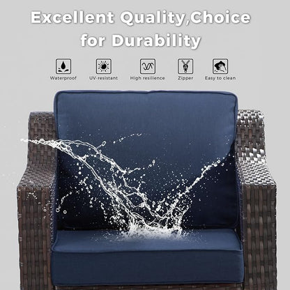 7 Pieces Patio Conversation Furniture Set - 2 Sofas, 2 Ottomans, 2 Swivel Chairs, 1 Side Table, Outdoor Wicker Furniture with Removable Cushions for Porch, Balcony, Sunroom (Blue)