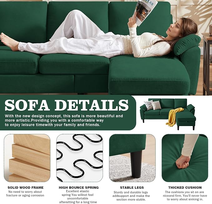 80" Convertible Sectional Sofa, Modern Linen Small L Shaped Couch with Reversible Chaise and Storage Ottoman, 3-Seat Sofa Couches for Living Room, Office, Apartment, Green