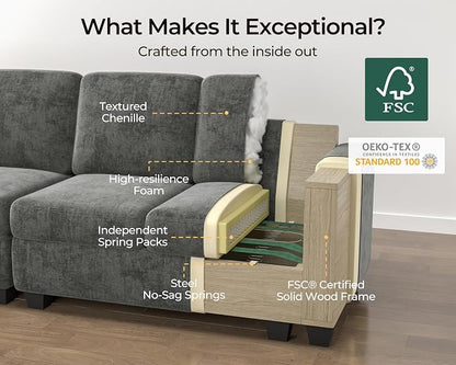 169.7" Oversized Modular Power Recliner Sofa with Headrest, Wall Hugger Cloud Reclining Couch, Drawer Charging Cup Holders, Deep 7-Seater Sectional with Corner and Storage Ottoman, Chenille, Grey