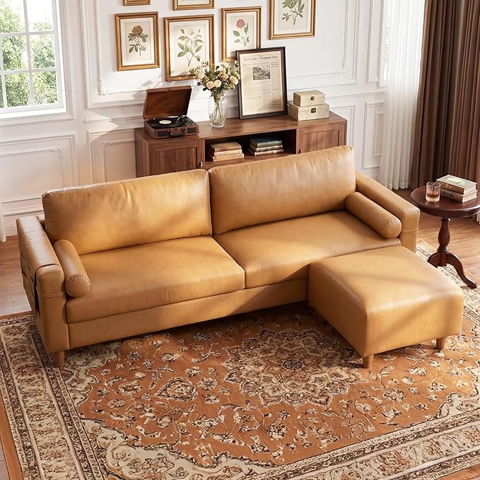 Vesgantti 100" Faux Leather Sofa with Movable Ottoman, Large 3 Seater L Shaped PU Leather Couch with Side Pocket, Comfy Mid Century Modern Modular Sectional Sofa for Living Room, Apartment, Camel