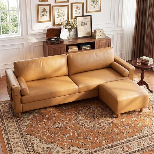 Vesgantti 100" Faux Leather Sofa with Movable Ottoman, Large 3 Seater L Shaped PU Leather Couch with Side Pocket, Comfy Mid Century Modern Modular Sectional Sofa for Living Room, Apartment, Camel