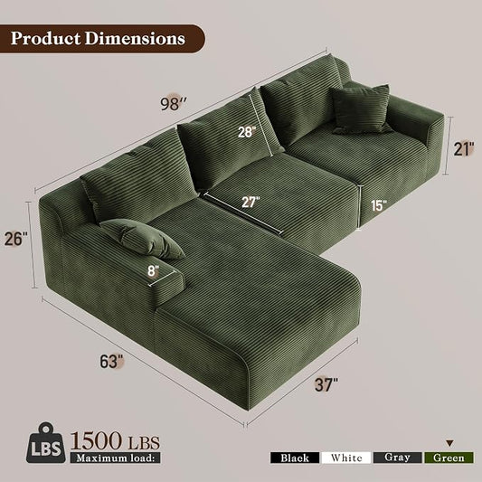 Homkdom 98" Boneless Couches for Living Room, L-Shape Modular Sectional Sofa with Deep Seat Oversized Left Facing Chaise, Cloud Couch for Apartment, Small Space (Green)