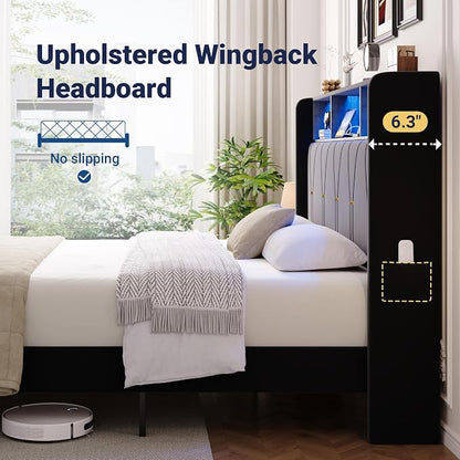 Allewie Queen Bed Frame with 2-Tier Storage Headboard, Charging Station & LED Light, Velvet Upholstered Platform Bed with 2 Drawers, Wingback Headboard, Gold Button Tufted, No Box Spring Needed, Black