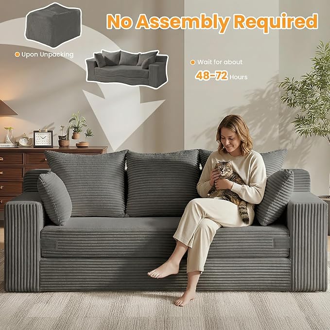 Oversized Boneless Loveseat, 3 Seater Pull Out Convertible Sofa Bed, 70" Gray Boneless Couch Fold Out Floor Couch Sleeper Sofa with 5 Pillows for Living Room Bedroom Lounge Small Space