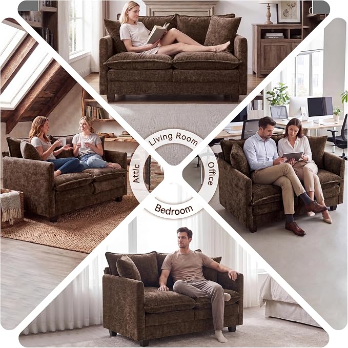 Loveseat Sofa Couch 2 Piece Set, Small Compact 50" Love Seat 27" Deep Cloud Sofa Set Washable Chenille Pillow Living Room Set for Apartment Office 8833-BROWN-2+2