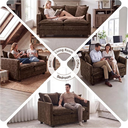 Loveseat Sofa Couch 2 Piece Set, Small Compact 50" Love Seat 27" Deep Cloud Sofa Set Washable Chenille Pillow Living Room Set for Apartment Office 8833-BROWN-2+2