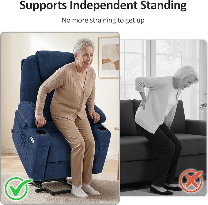 MCombo Small Power Lift Recliner Chair for Elderly, Petite Power Lift Chair with Heat and Massage for Seniors, Cup Holders, USB & Type C Ports, Fabric 7141 (Admiral)