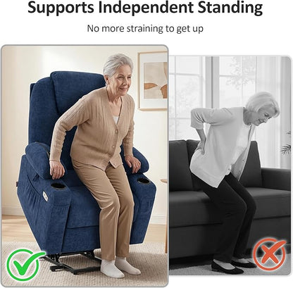 MCombo Small Power Lift Recliner Chair for Elderly, Petite Power Lift Chair with Heat and Massage for Seniors, Cup Holders, USB & Type C Ports, Fabric 7141 (Admiral)
