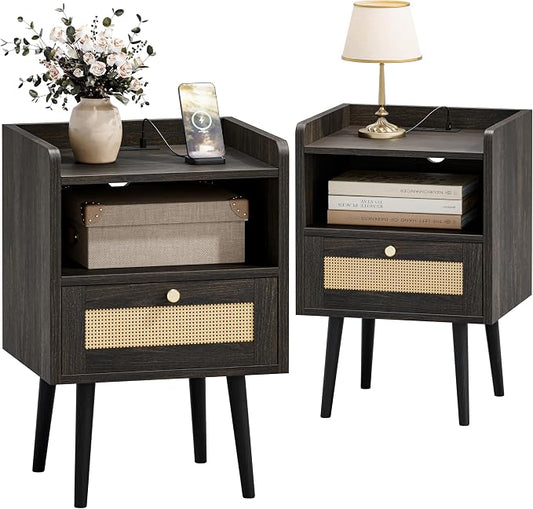 MECHYIN Night Stand Set 2, Nightstands Set of 2 with Charging Station, Rattan Side Tables with Solid Wood Legs, Boho Bedside End Table for Apartment Bedroom Dorm Small Space