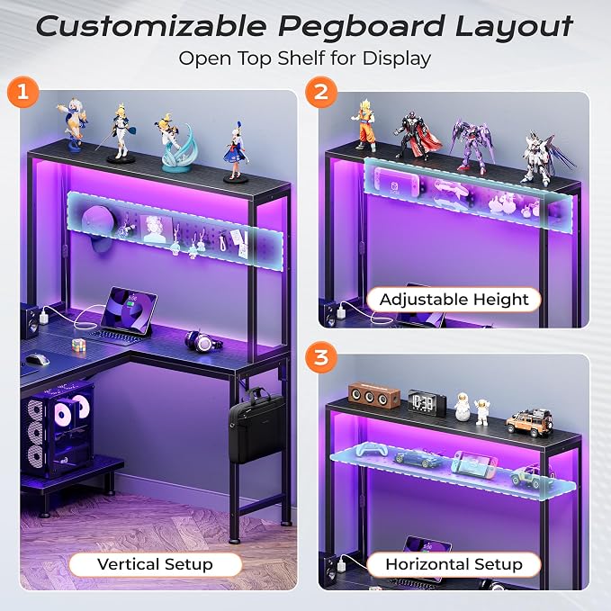 PRAISUN L Shaped Gaming Desk with LED Lights & Power Outlets, Reversible Computer Desk with Storage Shelves & Bag, Large Corner Home Office Desk with Pegboard for Work from Home, Black