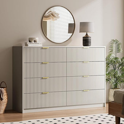 MAISONARIA 3-Piece Dresser Bedroom Set, 8 Drawer Dresser & 3 Drawer Nightstands with Gold Handles, Fluted Wood Chest of Drawers for Bedroom, Living Room, Entryway, Beige