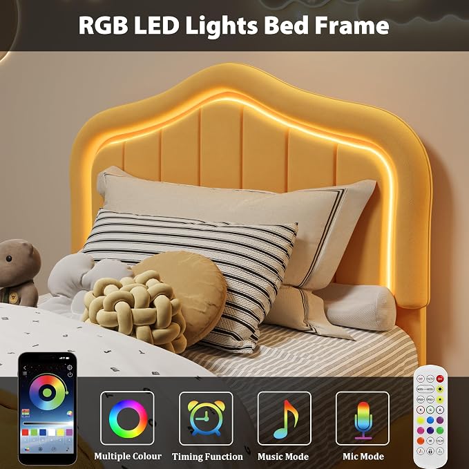 GarveeHome Twin Upholstered Bed Frame with Storage Drawer and Smart Led Headboard, Twin Size Platform Bed Frames for Kids, Wooden Slats Support, No Box Spring Needed, Easy Assembly, Yellow