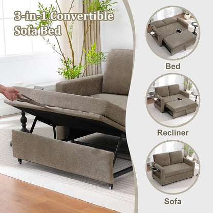 3 in 1 Folding Convertible Sleeper Sofa Bed Pull Out Couch with USB Port Side Pockets Side Table Loveseat Sofa Bed with Adjustable Backrest for Living Room Bedroom Office 66" Darkbrown 2 SEAT