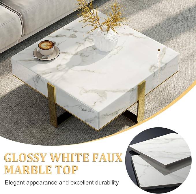 White and Gold Coffee Table, Modern Luxury Square Coffee Table with Faux Marble Tabletop and Polished Stainless Steel Legs for Living Room Apartment Office