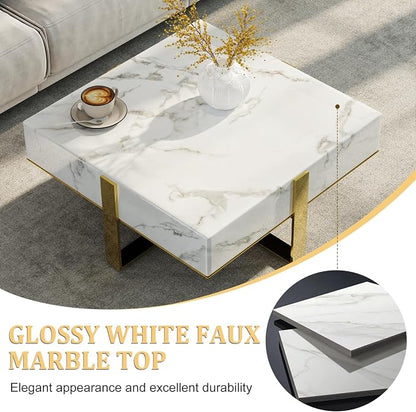 White and Gold Coffee Table, Modern Luxury Square Coffee Table with Faux Marble Tabletop and Polished Stainless Steel Legs for Living Room Apartment Office
