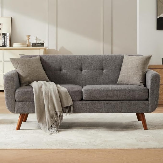 Tbfit 65" W Loveseat Sofa, Mid Century Modern Love Seat Couches for Living Room, Button Tufted Upholstered Small Couch for Bedroom, Solid and Easy to Install Love Seats Furniture, Grey