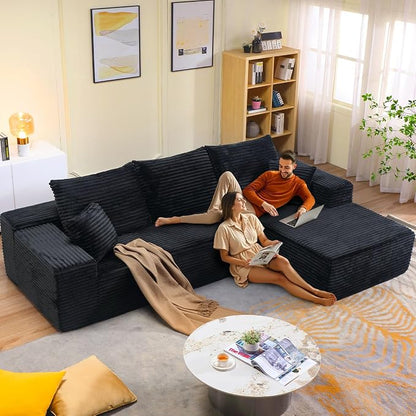 107" W Modular Sectional Sofa, Upholstered Corduroy Cloud Couch with Deep Seat, Modern 3-Seater L-Shaped Sofa for Living Room, No Assembly Required (Black, Right-Facing Chaise)