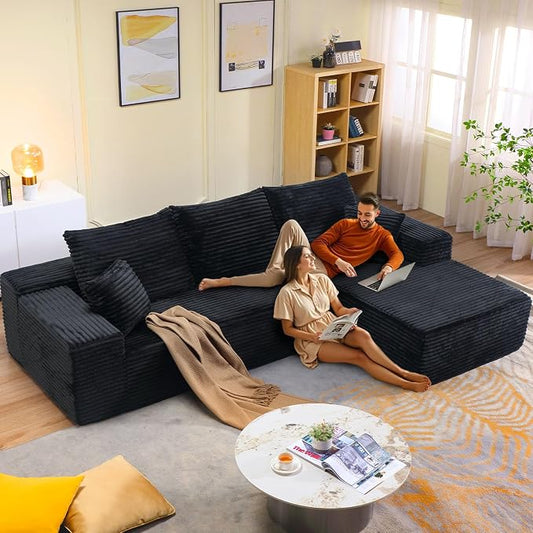 107" W Modular Sectional Sofa, Upholstered Corduroy Cloud Couch with Deep Seat, Modern 3-Seater L-Shaped Sofa for Living Room, No Assembly Required (Black, Right-Facing Chaise)