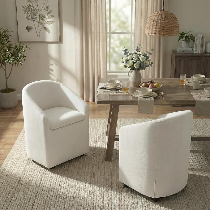 KISLOT Upholstered Dining Chairs with Casters, Washable Cover Modern Dining Room Chairs with Barrel Backrest & Armrest, Vanity Chair with Wheels for Kitchen, Living Room, Bedroom, Linen Fabric, 1PCS
