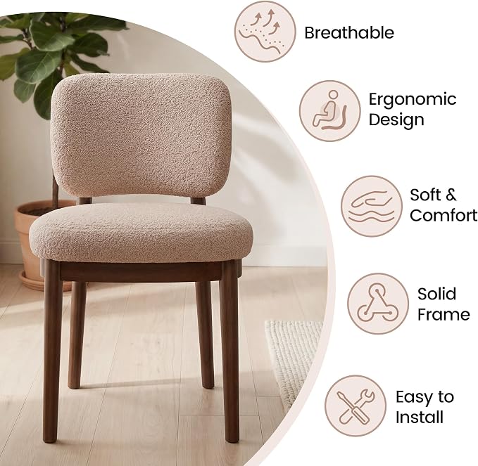Wooden Dining Chairs Set of 4, Boucle Upholstered Kitchen Chairs with Solid Wood Legs, Mid Century Modern Dining Chairs, Farmhouse Side Chair with Hardwood Frame for Dining Room, Khaki