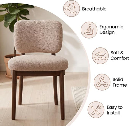 Wooden Dining Chairs Set of 4, Boucle Upholstered Kitchen Chairs with Solid Wood Legs, Mid Century Modern Dining Chairs, Farmhouse Side Chair with Hardwood Frame for Dining Room, Khaki