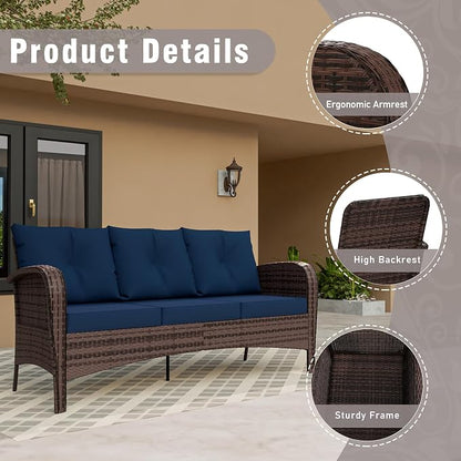 Patio 3-Seater Sofa, PE Wicker Outdoor Lounge with Thick Removable Cushions, Rust-Proof Steel Frame, 900LBS Capacity, Blue