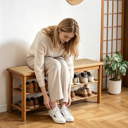 SOBIBO Bamboo Shoe Rack Bench with Rattan Seat, 3-Tier Shoe Storage Bench, Entryway Bench for Hallway,Nature-39.4 inches