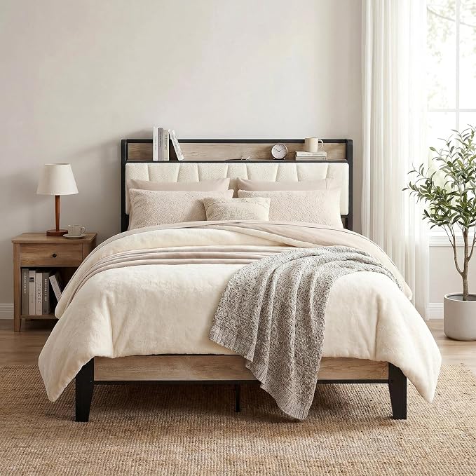 LIKIMIO Full Bed Frames, Bouclé Storage Headboard with Charging Station, Solid and Stable, Noise Free, No Box Spring Needed, Easy Assembly