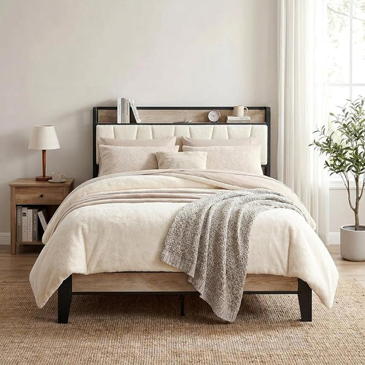 LIKIMIO Full Bed Frames, Bouclé Storage Headboard with Charging Station, Solid and Stable, Noise Free, No Box Spring Needed, Easy Assembly