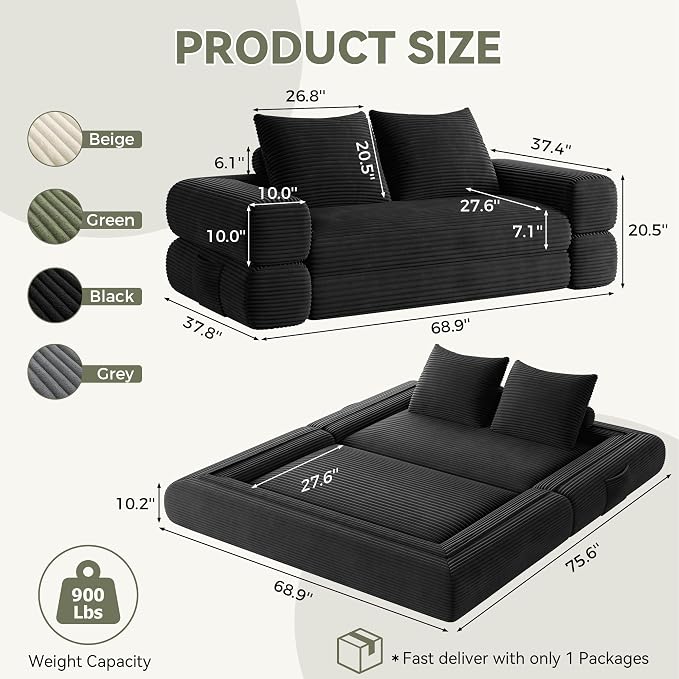 Jocoevol 4-in-1 Convertible Folding Sofa Bed, 78"W x 68"L Queen Size Foldable Sleeper Sofa Bed, Wide Corduroy Upholstery, Boneless Mattress Couch with Armrests & Neck Pillow for Living/Bedroom, Black