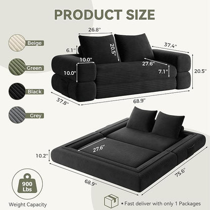 Jocoevol 4-in-1 Convertible Folding Sofa Bed, 78"W x 68"L Queen Size Foldable Sleeper Sofa Bed, Wide Corduroy Upholstery, Boneless Mattress Couch with Armrests & Neck Pillow for Living/Bedroom, Black