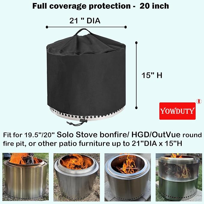 Round Fire Pit Cover for Solo Stove Bonfire 20 Inch, Waterproof Heavy Duty 600D Material Patio Firepit Cover 20" for Solo Stove Bonfire Series,Round 21" D x 15" H