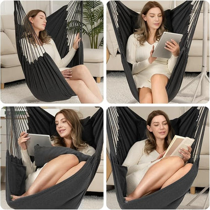 Y- STOP Hammock Chair Hanging Rope Swing Chair, Max 500 Lbs, 2 Seat Cushions Included, Removable Steel Spreader Bar with Anti-Slip Rings, Hardware kit-for Indoor Outdoor(Dark Grey)