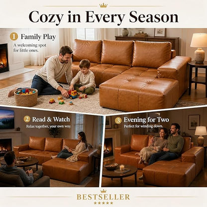 114” Boneless Sectional Couches for Living Room, Brown Cloud Faux Leather Couch in a Box, Modular Sectional Sofas for Living Room, L Shaped Couch with Chaise, Memory Foam Deep Seat,Right Chaise