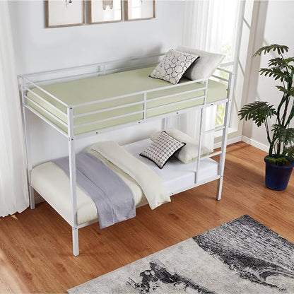 Bunk Bed Twin Over Twin, Metal Bunk Bed Frame, Metal Bunkbeds with Built-in Ladder, High Guardrail and Slats, No Box Spring Needed, Space Saving, Noise Free (White)